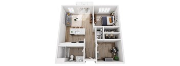 A top-down view of a small apartment with a kitchen, living room, and bedroom.