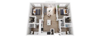 A top-down view of a small apartment with a kitchen, living room, and two bedrooms.