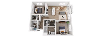 A top down view of a small apartment with a kitchen, living room, and bedroom.