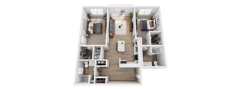A top-down view of a modern apartment layout with a living room, kitchen, and two bedrooms.