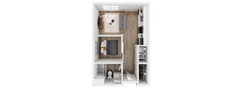 A top-down view of a small apartment with a bed, a desk, and a kitchenette.