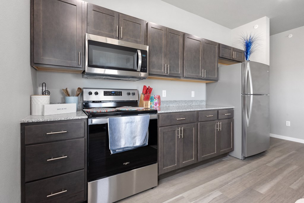 a kitchen with stainless steel appliances and dark wood cabinets