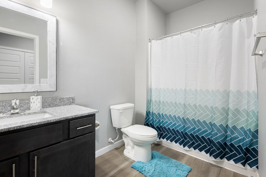 a bathroom with a shower and a toilet and a sink