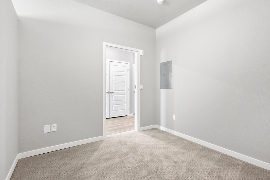 an empty room with carpet and a door to a closet