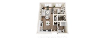 A 3D floor plan of a small apartment with a kitchen, living room, and bathroom.