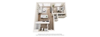 A 3D floor plan of a house with a kitchen, living room, and bathroom.
