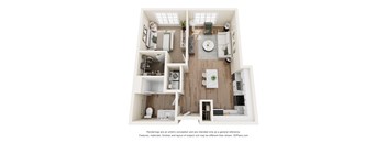 A 3D floor plan of a small apartment with a kitchen, living room, and bathroom.