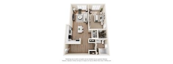 A 3D floor plan of a small apartment with a kitchen, living room, and bedroom.