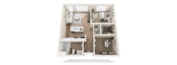 A 3D floor plan of a small apartment with a kitchen, living room, and bathroom.
