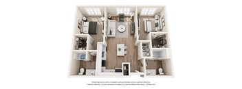 A 3D floor plan of a small apartment with a kitchen, living room, and two bedrooms.