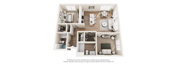 A 3D floor plan of a house with various rooms and furniture.