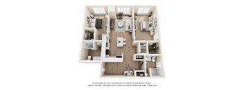 A 3D floor plan of a house with a kitchen, living room, and two bedrooms.