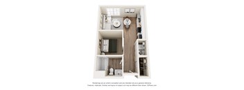 A 3D floor plan of a small apartment with a kitchen, living room, and bathroom.