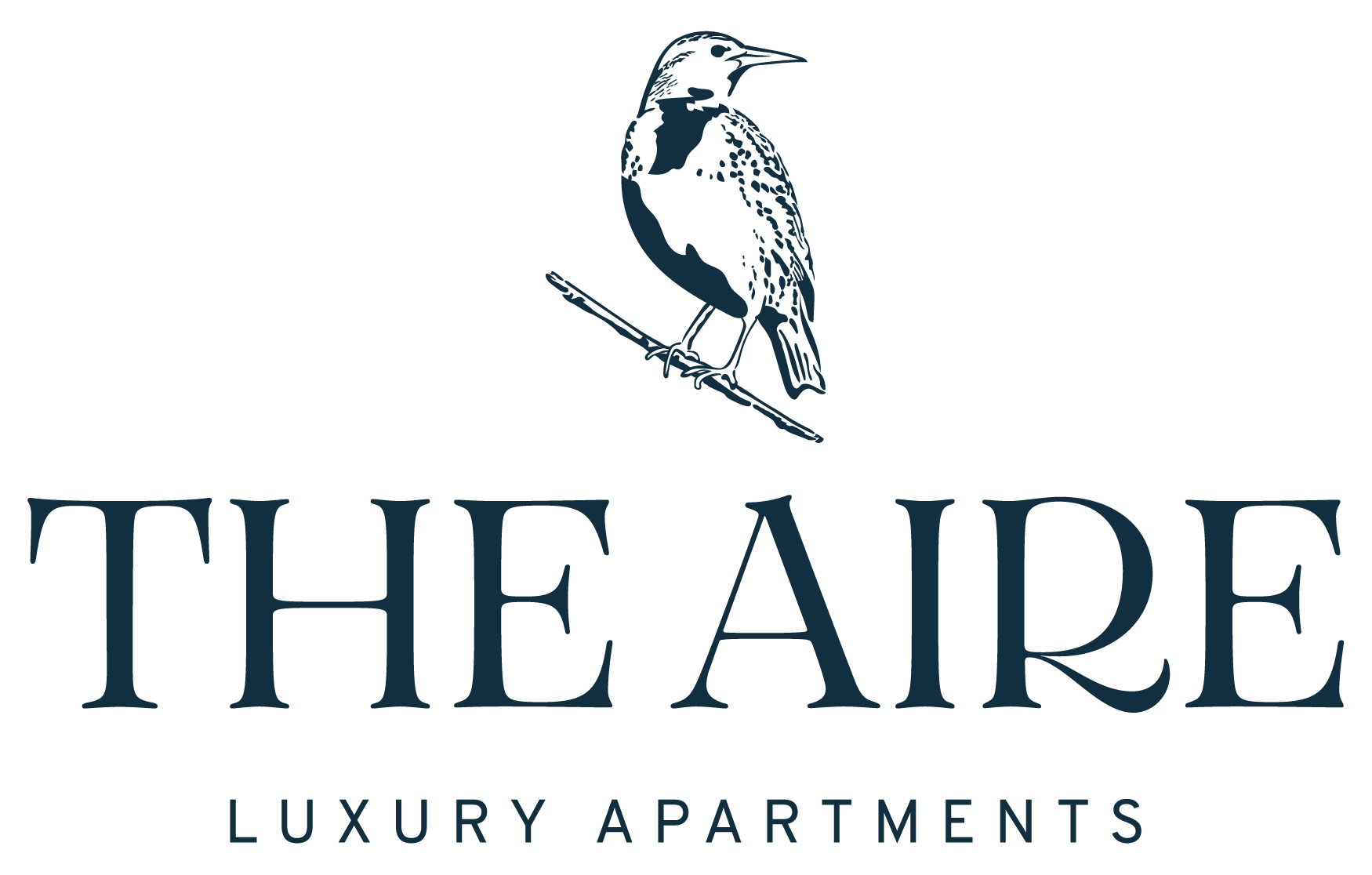 A logo for "The Aire Luxury Apartments" featuring a bird.