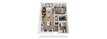 A 3D floor plan of a small apartment with a kitchen, living room, and bedroom.