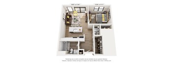 A 3D floor plan of a small apartment with a living room, kitchen, and bedroom.
