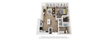 A 3D floor plan of a small apartment with a kitchen, living room, and bathroom.