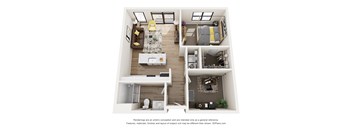 A 3D floor plan of a small apartment with a kitchen, living room, and bedroom.