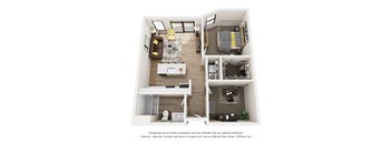 A 3D floor plan of a small apartment with two bedrooms, a living room, and a kitchen.