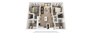 A 3D floor plan of a two-bedroom apartment with a living room, kitchen, and bathroom.