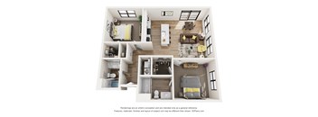 A 3D floor plan of a house with multiple rooms and furniture.
