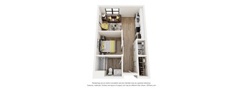 A 3D floor plan of a small apartment with a living room, kitchen, and bedroom.