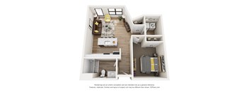 A 3D floor plan of a small apartment with a kitchen, living room, and bedroom.
