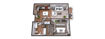A detailed 3D floor plan of a two-bedroom apartment.