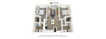 A 3D floor plan of a small apartment with a kitchen, living room, and bathroom.