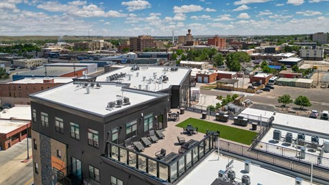 A view of a city from a high vantage point.