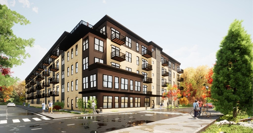 a rendering of an apartment building on a city street