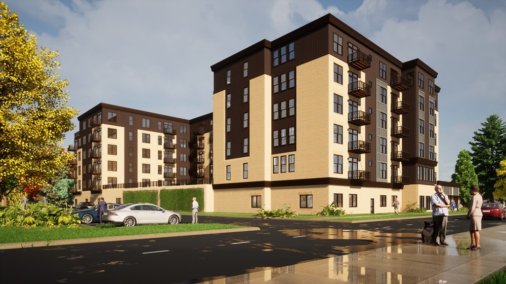 a rendering of an apartment building on a city street