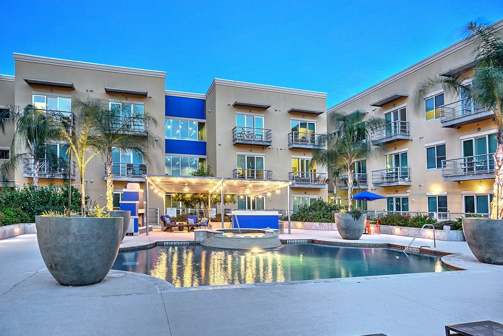 Night time relaxing and luxurious pool view at The Mosaic on Broadway, San Antonio, TX, 78215