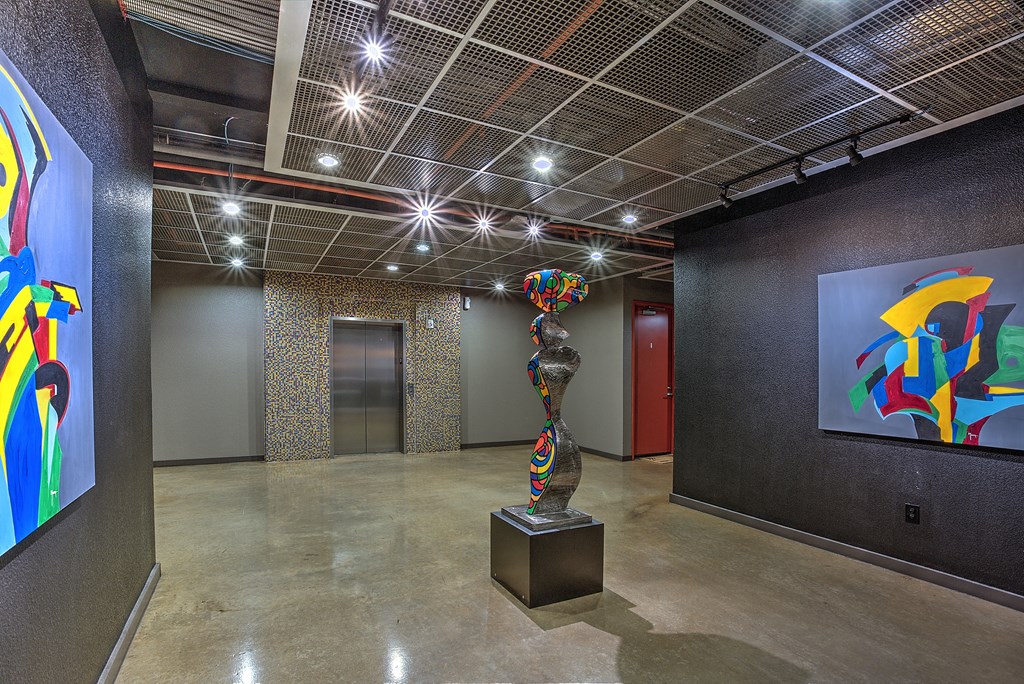 Apartment Lobby with modern art sculpture at The Mosaic on Broadway, San Antonio, TX, 78215