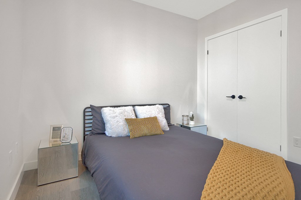 a bedroom with a bed and a white closet