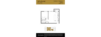 A floor plan for a 1-bedroom, 1-bathroom apartment sized at 665 sq ft, spread across three floors.