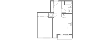 A floor plan of a room with a kitchen area, a bathroom, and a living room.