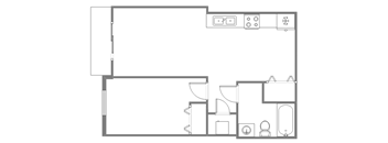 A floor plan of a house with a kitchen, living room, and bathroom.