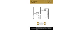 A floor plan for a 2-bedroom, 1-bathroom apartment sized at 838 square feet with 1-3 floors.