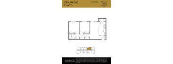 A floor plan for a 2-bedroom, 1-bathroom apartment sized at 888 sq ft with 1-3 floors.