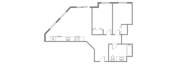 A floor plan of a house with a kitchen, living room, and two bedrooms.
