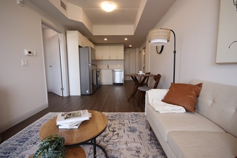 A living room with a couch, a coffee table, and a rug.