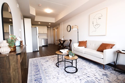 A living room with a white couch and a blue patterned rug.