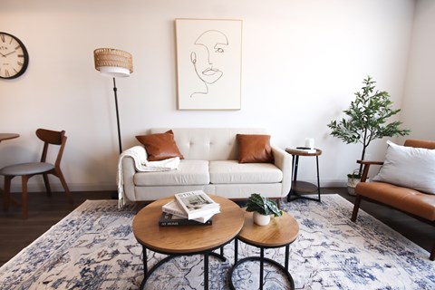A living room with a white couch, a coffee table, and a rug.