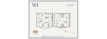 A floor plan of a residential building with two bedrooms and two bathrooms.