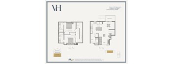 A floor plan of a VH apartment with two bedrooms and two bathrooms.