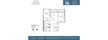 A floor plan for a 2-bedroom, 1-bathroom suite at Mill Run Suites.