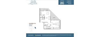 A floor plan for a 2G suite with a living room, kitchen, and bathroom.