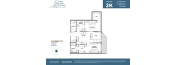 A floor plan for a 2K suite type with two bedrooms and two bathrooms.