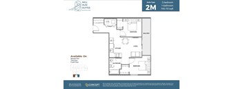 A floor plan for a 2 bedroom, 1 bathroom apartment is shown.